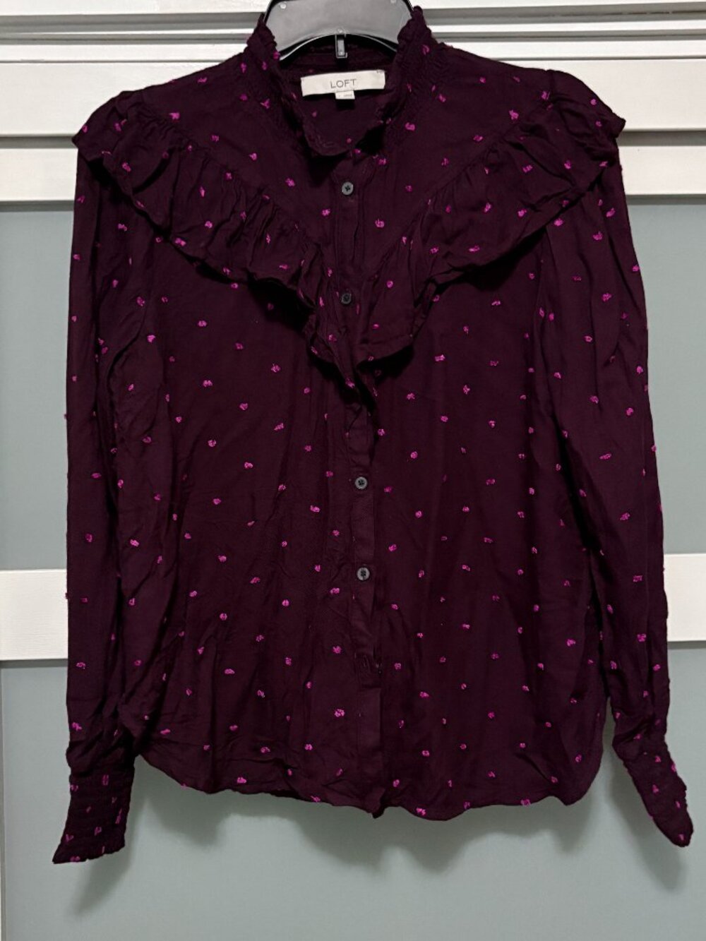 LOFT Ladies Blouse Button Front Ruffle Deep Purple POlka Dot sz S Small EUC